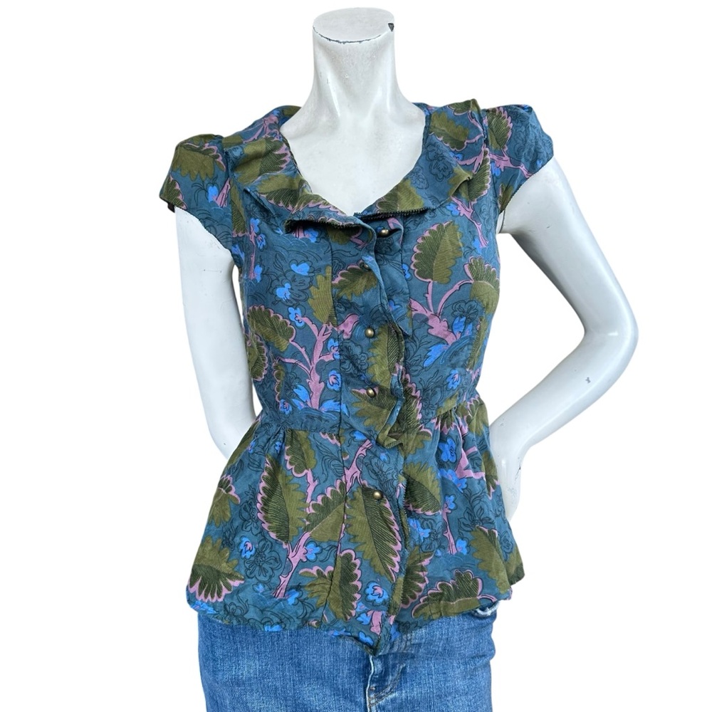 Anthropologie Vanessa Virginia Silk Blend Ruffled Button Down Floral Leaf Blouse